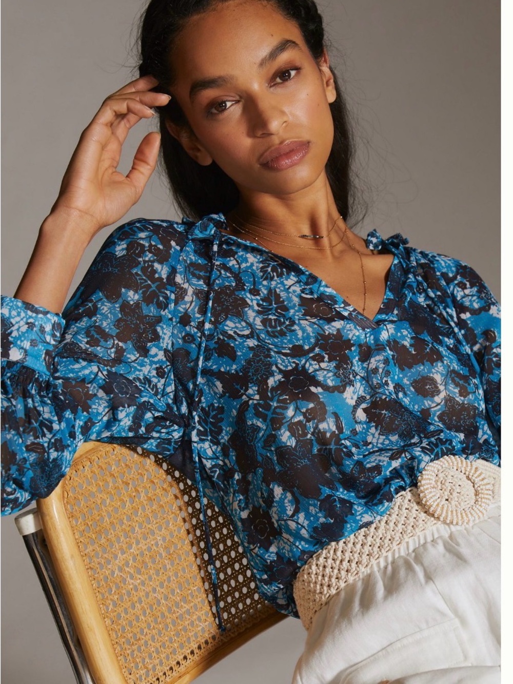 NWOT Anthropologie Blue and Black Floral Tie-Shoulder Blouse